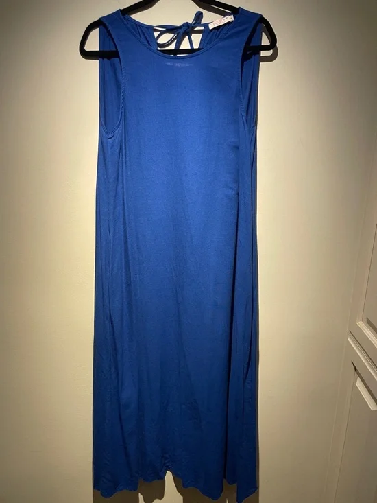 Fucsia Sleeveless Royal Blue Tie-Back Linen-blend Maxi Dress - Picture 3 of 9